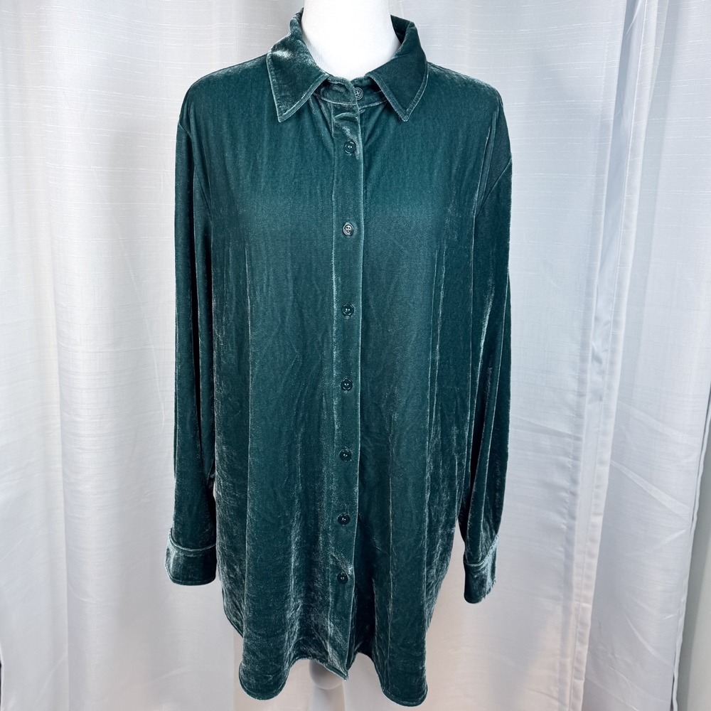 Soft Surroundings Velvet Boyfriend Tunic Shirt Teal Atlantic Button Womens XL